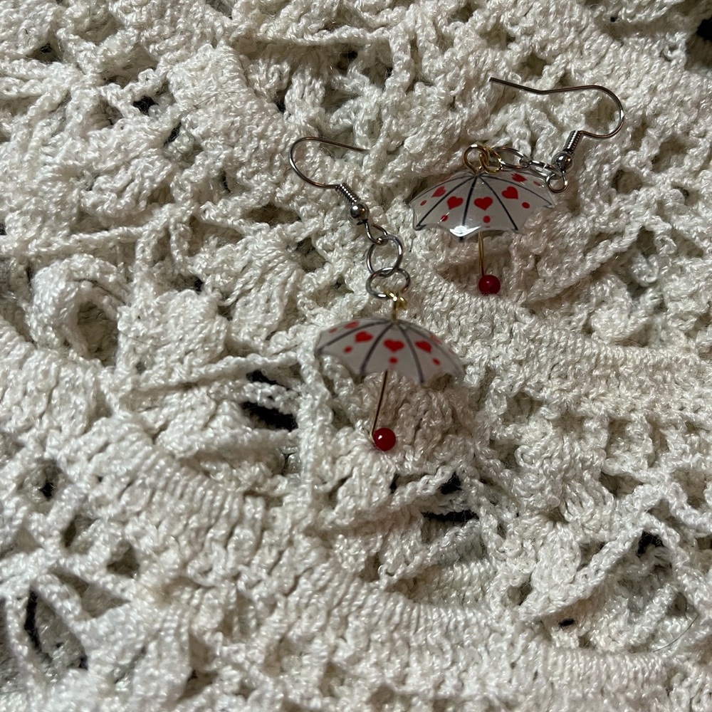 Umbrella Earrings with Red  hearts Accents
